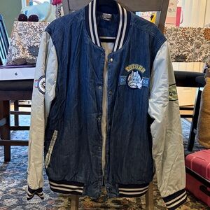 Totoro Denim-Style Bomber Jacket in Navy and Light Gray